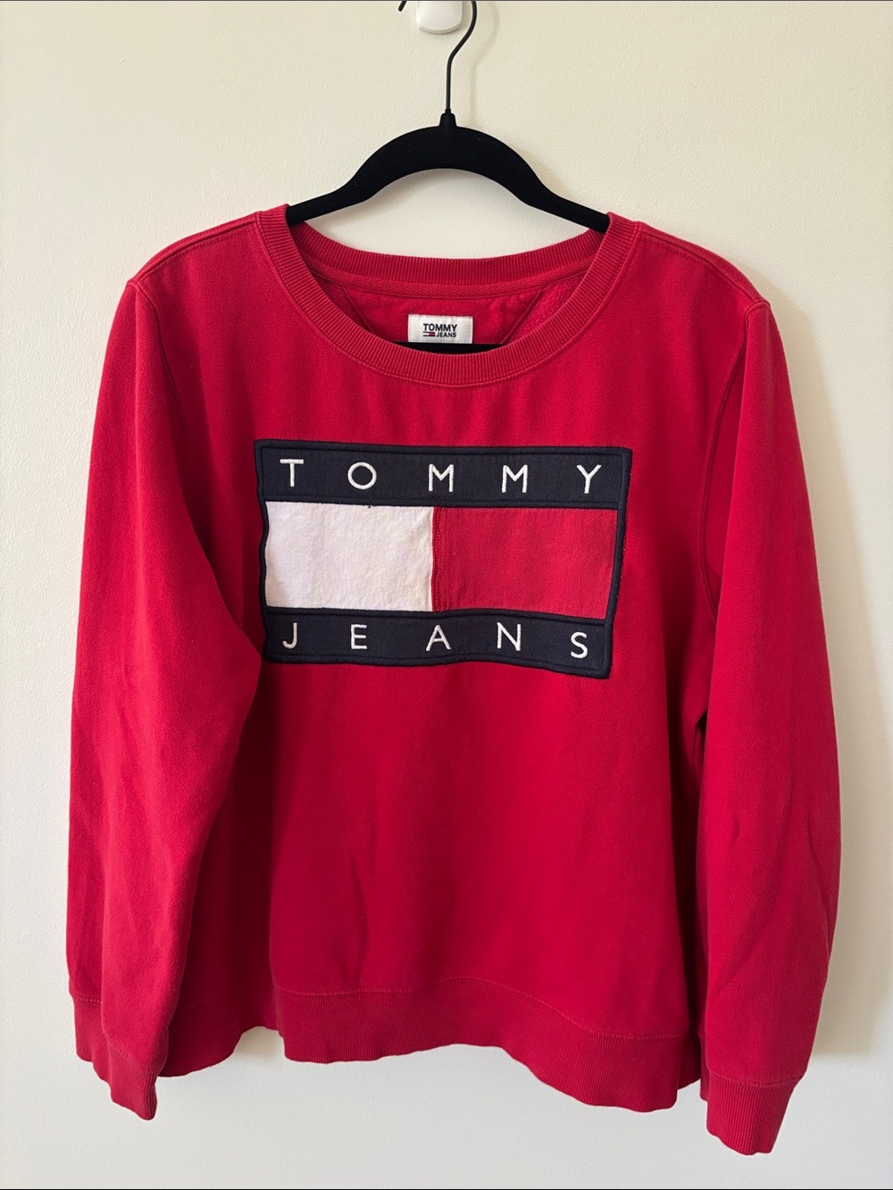 Vintage Tommy Hilfiger Red Crewneck Sweatshirt with Logo Patch